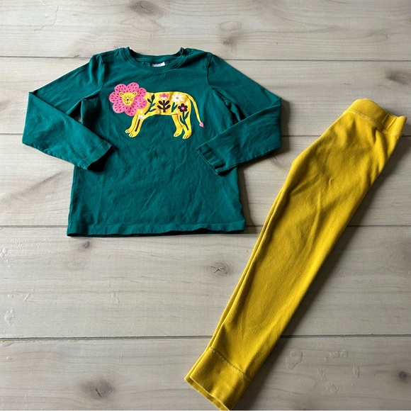 Hanna Andersson Other - Hanna Andersson Green Lion Graphic Top with Ribbed Pull On Mustard Leggings